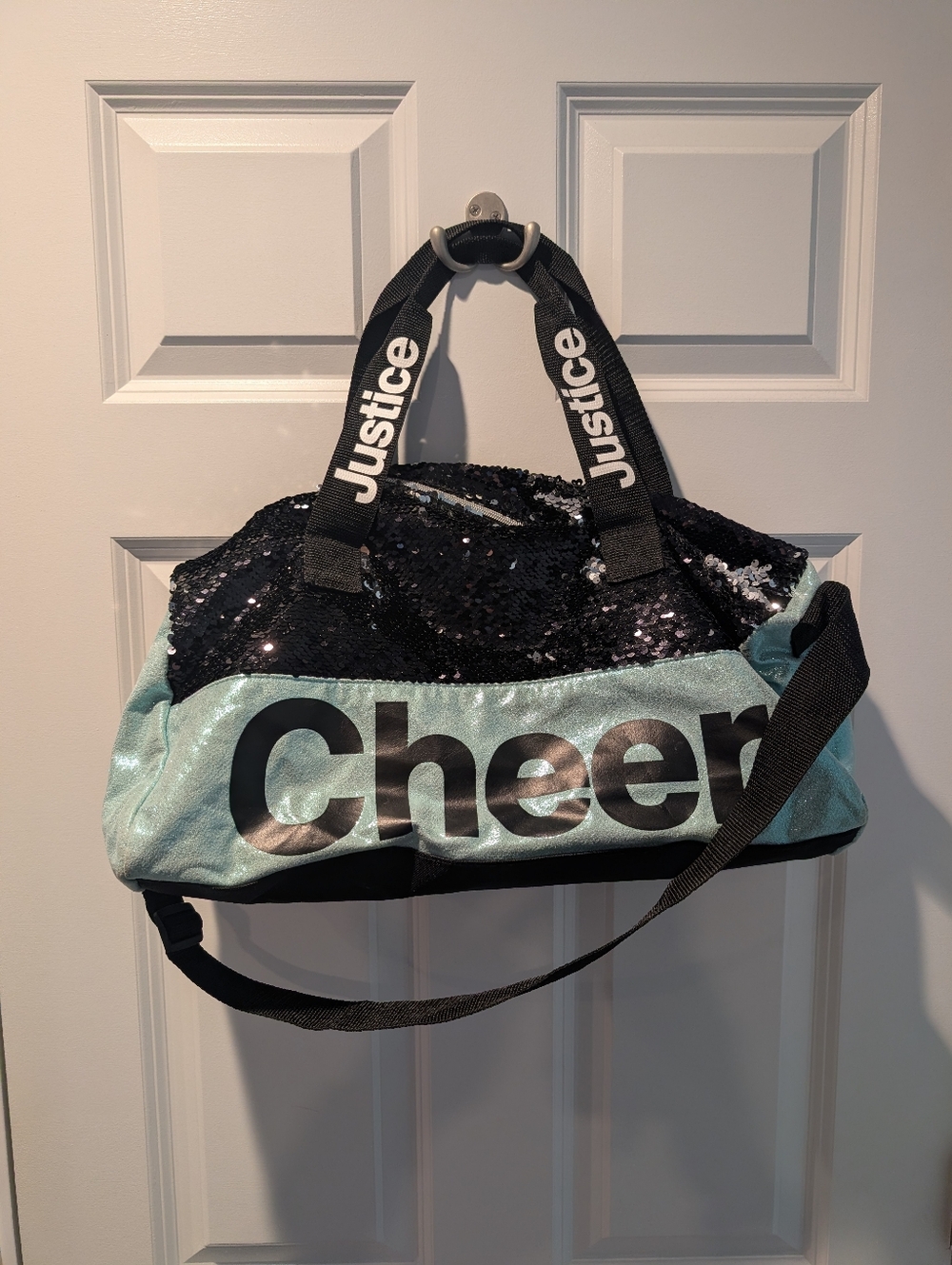 Justice Sequin Cheer Duffel Bag in Aqua and Black